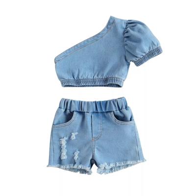 China Summer Fashion One Shoulder T-shirts Shorts Pants Shorts One Shoulder Babies Clothes Sets Blue Denim One Shoulder Short Sleeve T-Shirts Shorts Pants for sale