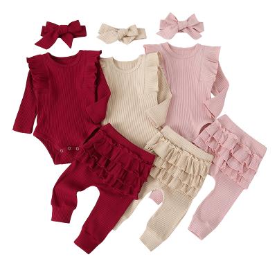 China Breathable In Stock Newborn Baby Clothes Plain Ruffled Romper Pants Headband 3Pcs Outfits Set for sale