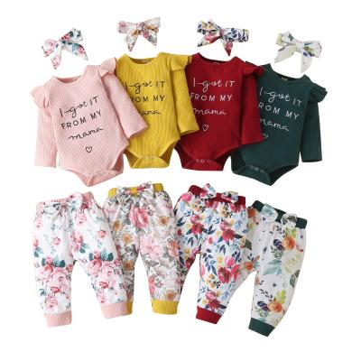 China Breathable In Stock Newborn Baby Clothes Pattern Print Ruffled Floral Romper Pants Headband 3Pcs Outfits Set for sale