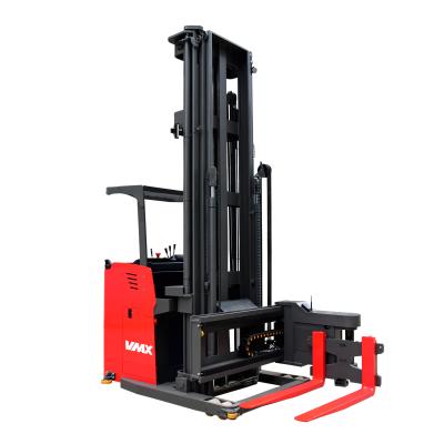 China Garment Stores Very Shrink Aisle Reach Truck Stacker 1ton 1.5ton 3 Way Electric Pallet Stacker For Less Width Racking Warehouse Working for sale