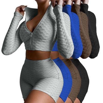 China Breathable Women Bubble Suit Long Sleeve Ribbed Crop Top Short Sleeve Ribbed Crop Top Fitness Gym Workout Jacket Yoga Shorts Set for sale