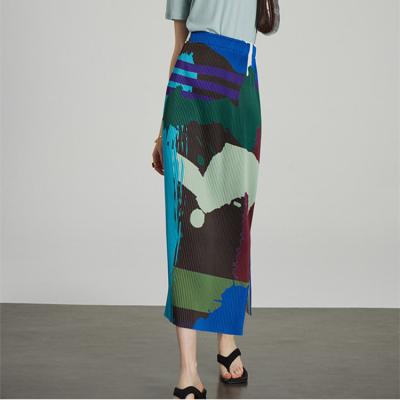 China FXZ Breathable Miyake Pleated Print Skirt For Women Spring 2022 Mid Length Skirt With Slit On Both Sides for sale