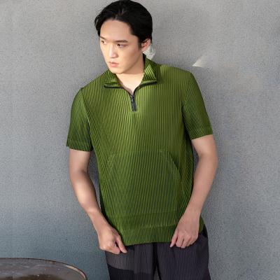 China QUICK DRY Miyake Pleated Fashion Short Japanese Casual Shirt Mens T-shirt Lapel Loose Soft Elastic Sleeve Polo Shirt for sale