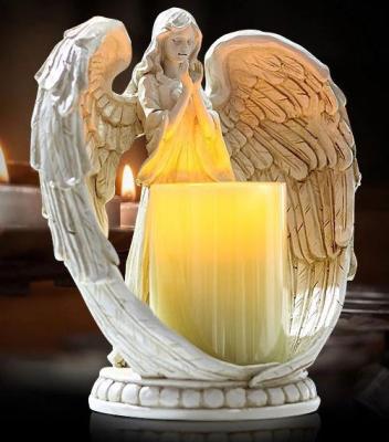 China Europe RESIN ANTIQUE AGED WHITE COLOR STANDING PRAYER ANGEL WITH WING LED LIGHT STATUE CANDLE HOLDER HOLIDAY GIFT GIFT PRESENT for sale