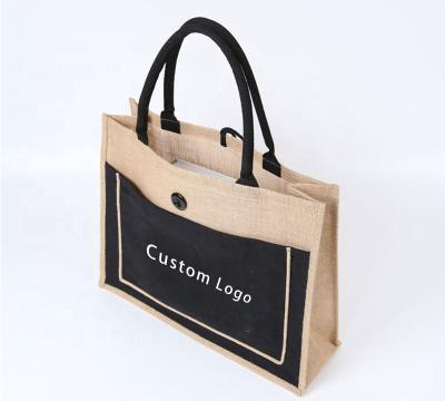 China Wholesale Eco-Friendly Black Tender Natural Personalized Customized Foldable Pouch Fashion Burlap Tote Shopping Bag With Side for sale