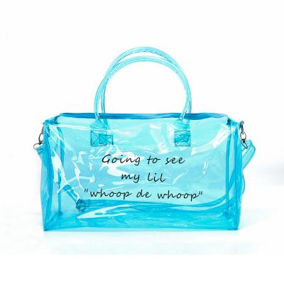 China Blue Fashion Woman Organize Visible Duffel Travel Weekend Clear PVC Transparent Duffel Bag for sale