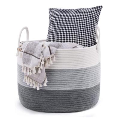 China Durable Stylish Gray White Tricolor Patchwork Hand Woven Cotton Rope Laundry Hamper for sale