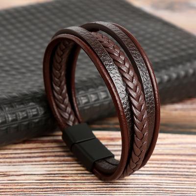 China New CLASSIC Trendy Genuine Leather Multilayer Braided Bracelets Men Stainless Steel Rope Bracelets For Men Women Bracelets Jewelry for sale