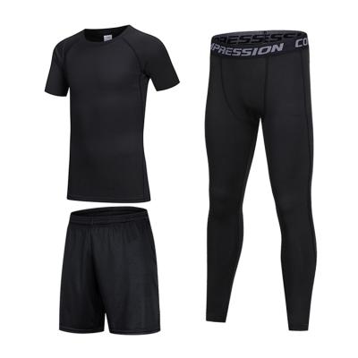 China Breathable Factory Directly For Sale 4 Way Sporty Stretch 3/Pcs PK Boys Compression Gaiters And Short Shirts Sets Running Pants Tights for sale