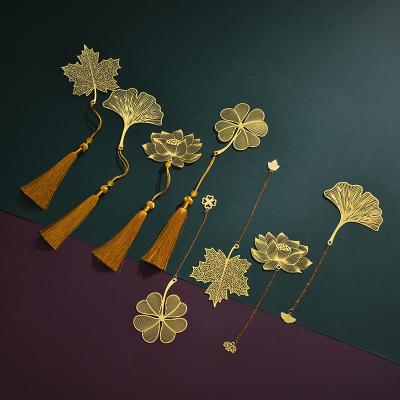 China China Chinese Style Leaf Rib Golden Maple Leaf Tassel Set Hollow Customization Metal Bookmark for sale