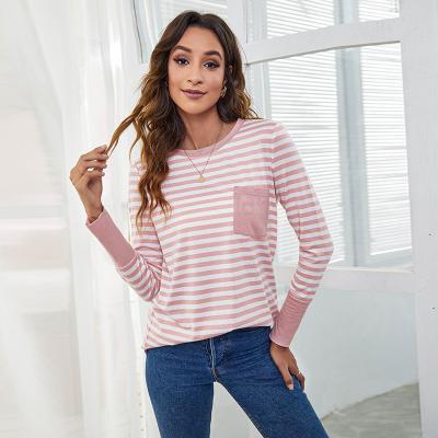 China 2022 Spring New Women's Long Sleeve Tops Pocket Print Contrast Stripe Crew Neck Clothes Breathable Loose T-shirt Fashion Long Sleeve for sale