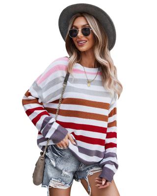 China Breathable Stain Direct Selling Plus Size Women's Sweaters Main 2021 Gradient Stripe Yarn Dyed Women's Long Sleeve Crewneck Sweater for sale