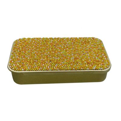 China All Sets Gold Metal Tin Gift Case With Custom Rhinestone Sticker On Slide Lid for sale