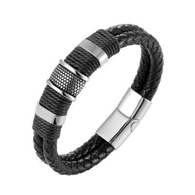 China CLASSIC Woven Leather Rope Wrapping Stainless Steel Special Men's Classic Style Bracelet Double-Layer Leather DIY Design Customization for sale