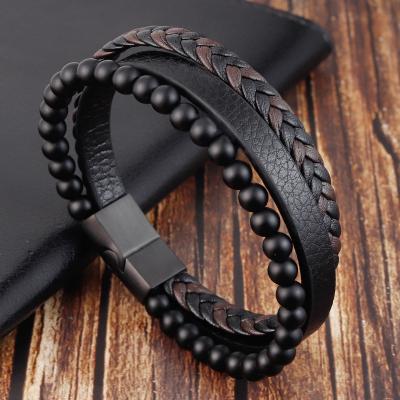 China Custom Braided Multilayer Titanium Stone Steel Bracelet Natural Leather CLASSIC Volcano Stone Bracelet Stainless Steel for sale