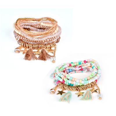 China Hot Sale Fashion Tassel Bead Bohemian Charm Beaded Bracelet Bohemia Multicolor Seed Bead Bracelet Set For Women for sale