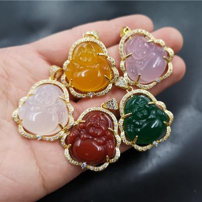 China Religious Fashion Multi Stone Agate Stainless Steel Religion Fashion Buddha Pendant Necklace Iced Out Crystal Maitreya Jade Buddha Pendant for sale