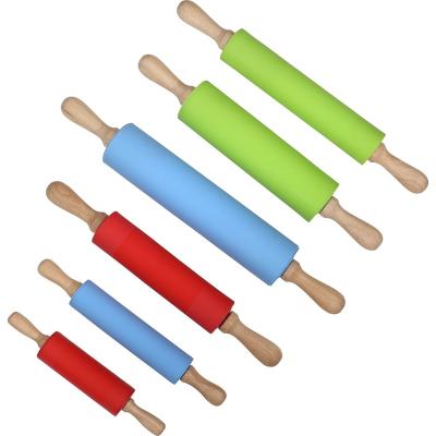 China Viable Silicone Rolling Pin Large and Small Wooden Handle Pins Non-Stick Dough Roller for Baking for sale