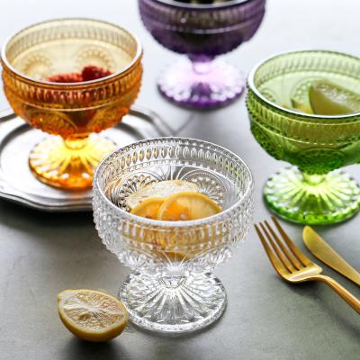 China Retro Contemporary European Dessert Salad Sunflower Colored Tall Ice Cream Embossed Cup Ice Cream Sundae Glass Bowl for sale