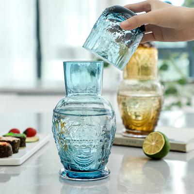 China Sustainable European retro embossed crown big capacity cold kettle household juice tea Jug drinkware glass cup set for sale