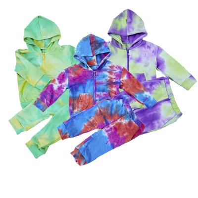 China Custom Made Breathable Hot Selling Tie Dye Children Clothing Zipper Hoodie Jogger Pants Coated Sweat Suits Kids Fabrics for sale