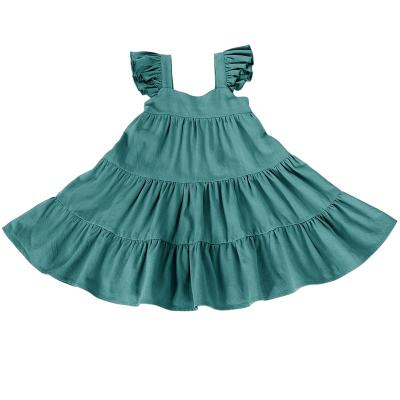 China Hot Sale Breathable Summer Kids Dress Girl's Clothing Ruched Ruffles Canvas Solid Color Sleeveless Babies Dress for sale