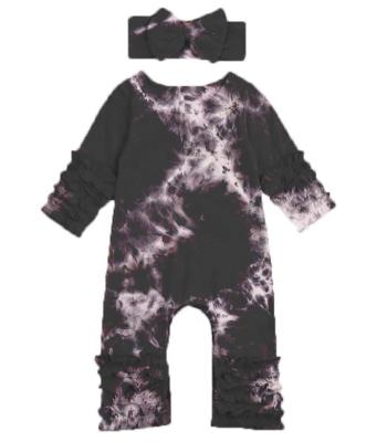 China Wholesale Breathable Autumn Kids Clothing Sets Colorful Ruched Unisex Baby Toddlers Long Sleeve Ruffle Tie Dye Headband Unisex Romper for sale