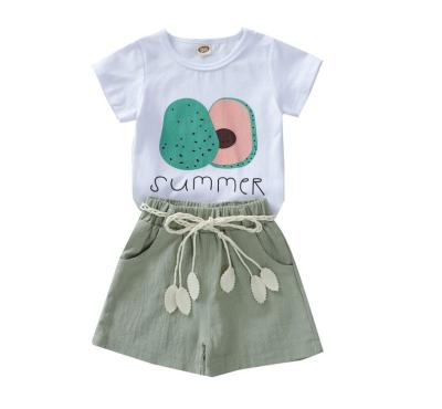 China 2021 version girls clothes Korean printing avocado + canvas belt cute summer day T-shirt printing casual suit for sale