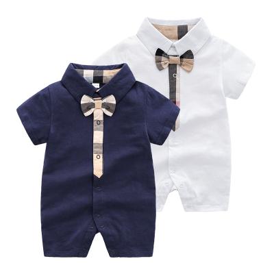 China New 100% cotton baby clothes summer cotton little boy romper bow short sleeved fashionable baby boy romper 100% overalls for sale