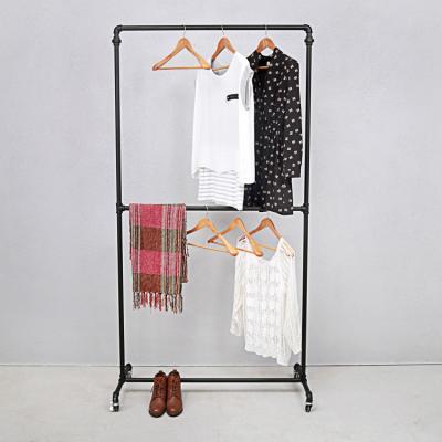 China Industrial Rustic Iron Clothing Boutique Hanging Double Pole Clothing Rack with Wheel,Clothing Rack for Clothing Shopping Boutique for sale