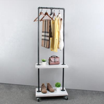 China Industrial Rustic White Industrial Clothes Display Pipe Furniture Garment Rack Garment Rack Full Body Hanger with 2 Tier Shelf and Wheel for sale