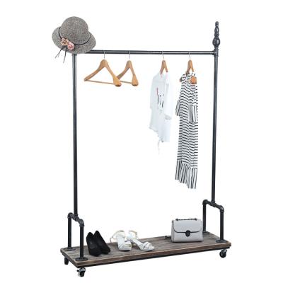 China Industrial Pipe Boutique Clothing Metal Hanger Rack Hanging Coat Clothes Rack With Wheel Pine Wood Solid Shelf FZJ007 for sale