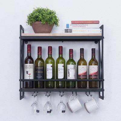 China Industrial Rustic Wooden Tiered Float Shelf Rack Wall Metal Pine Wine Rack Hanging Wine Glass Rack for sale