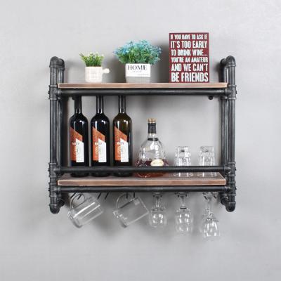 China Industrial Rustic Industrial Rustic Iron Pipe Shelves Floating Wine Glass Cup Rack High Quality Solid Small Wall Wood Shelf for sale