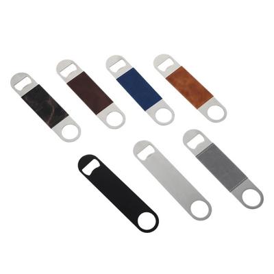 China Viable New Arrival Kitchen Tool Stainless Steel Leather Coated Flat Bottle Tin Wine Beer Opener Manual for sale