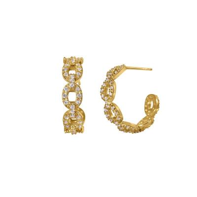 China Yadoo Vermeil Jewelry CLASSIQUE S925 Sterling Silver 18k Gold Plated Women Trend Luxury Diamond Pave Link Hoops Stud Earrings for sale