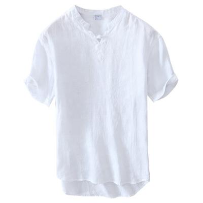 China Boys Short Sleeve Anti-pilling O-neck Button Down Solid Men's Shirts Free Size Simple Loose Men's Dress All White Linen Shirt for sale