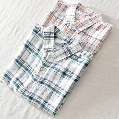 China Anti-pilling Plaid 100% Canvas Hemp Custom Button Down Men's Short Sleeves Shirt Men's Casual Oversized Boy Checked Shirts for sale