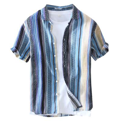 China Anti-pilling 100% Canvas Hemp Stripped Quick Dry Loose Button Up Fashion Man OEM Printing Print Shirt Summer Slim Custom Shirts Men Printed for sale