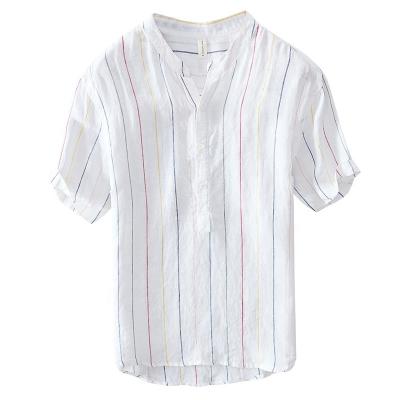 China Plus Size Button Up High Quality Custom White Mens Short Sleeve Casual Boys Anti-Pilling Stripe Shirts 100% Canvas Button Up Shirt for sale