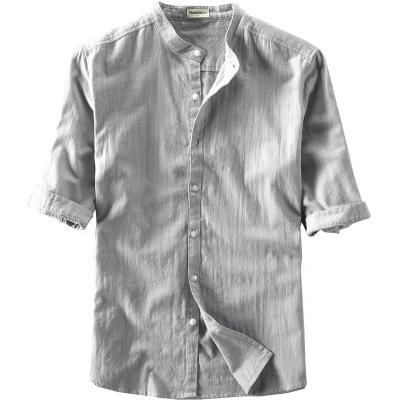 China OEM Anti-pilling Canvas Shirts Men's Cotton Loose Color Half Sleeve Button Up Retro White Blouse Casual Half Sleeve Shirt for sale