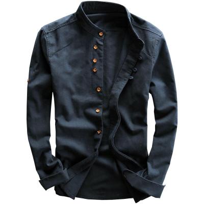 China Luxury Anti-Pilling Camisas Casual Fitness Formal Button Up Sleeve Chinese Style Stand Collar Canvas Shirt Men's Casual Wear Long Sleeve Men's Shirts for sale