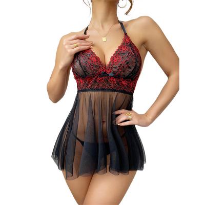 China QUICK DRY Mesh Lingerie Babydoll Sleepwear Stitching Lace Print Deep V Sheer QUICK DRY for sale