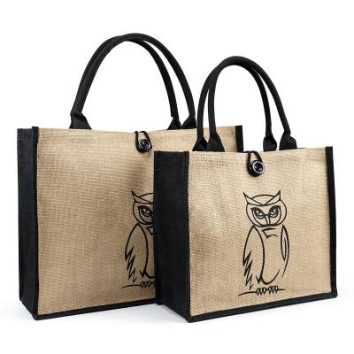 China Eco-Friendly Natural Burlap Tote Bags Jute Reusable Shopping Bag Eco-Friendly With Button for sale