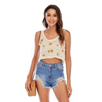 China Women Summer Breathable Crochet Tank Tops Casual Sleeveless V-Neck Hollow Out Floral Crochet Vest With High Quality for sale