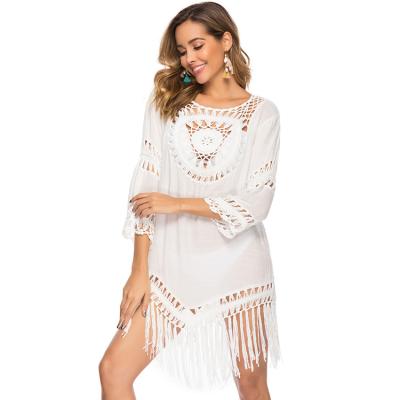 China New Style Breathable Crochet Dress Women Summer Beach Wear Bikini Cover Ups Short Crochet Dress With Tassels Dress for sale