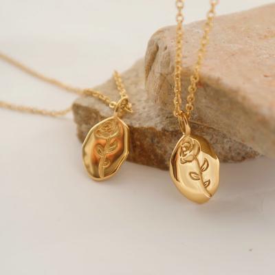 China 2022 Titanium Rose Flower Necklace 18K Gold Plating 316l Stainless Steel Oval Coin Fashionable Casual/Sporty Hip Hop Pendant Jewelry for sale