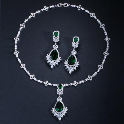 China 925 Silver TRENDY Indian Bridal Bridal Jewelry Sets Wedding High Quality Blue Green Zircon Necklace Drop Dangle Earrings Set For Women for sale