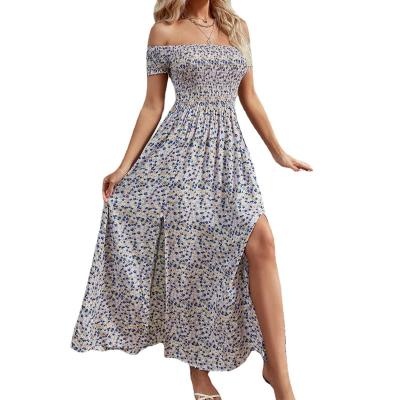 China Fashion Summer Maxi Floral Dress Polyester Women long off shoulder dresses big edge design dress for sale