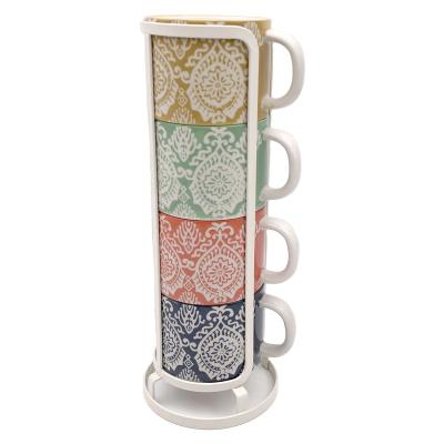 China Wholesale Handmade Viable Family Suits Stackable Ceramic 4pcs Coffee Mug With Iron Stand for sale